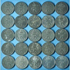 Danmark 2 øre 1948-1972 zink komplet