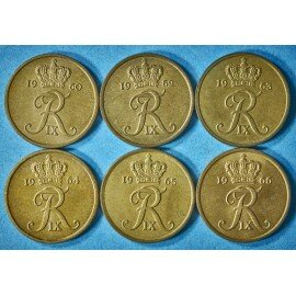 Danmark 2 øre 1960-1966 bronze komplet