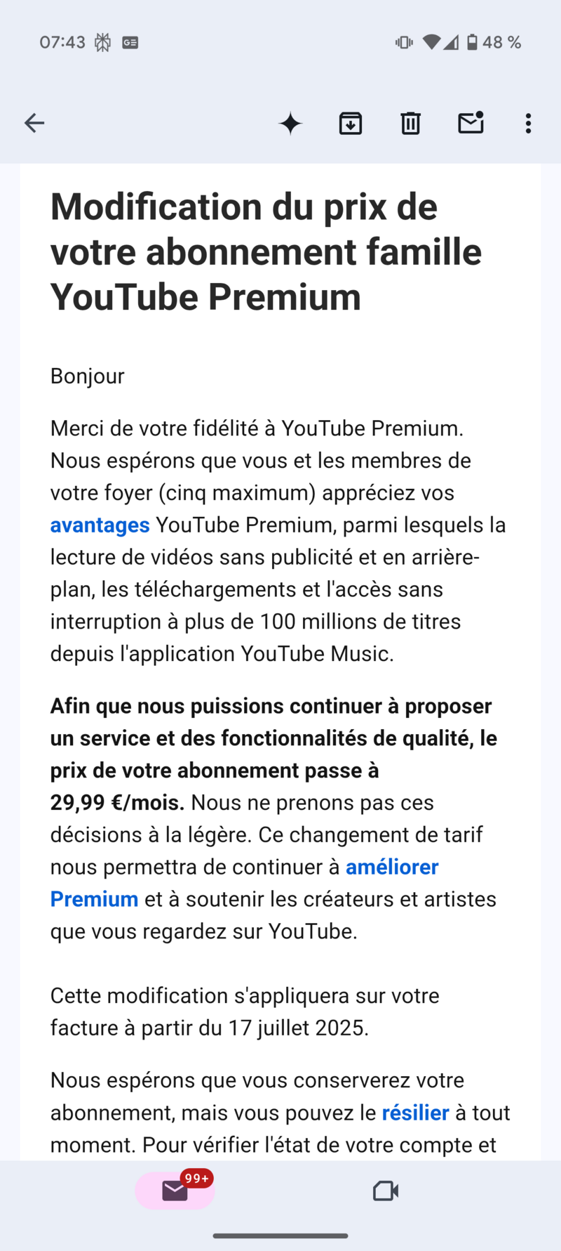 E-mail om prisstigning til YouTube Premium.